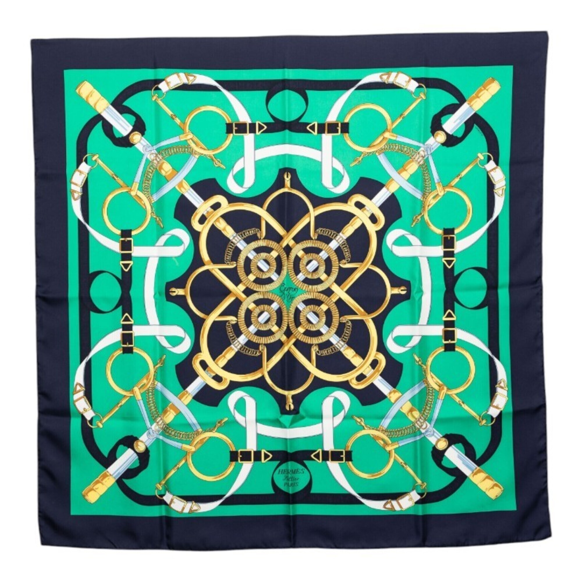 Hermes Carre 90 Eperon D'or (Golden Spur) Scarf/Muffler, Green/Navy Silk, Wom...
